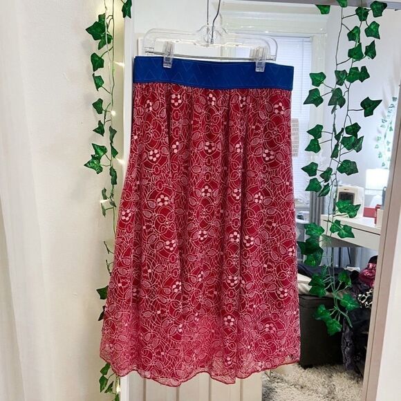 3 for $25 LuLaRoe NWT Lola Red and Blue Midi Skirt Womens Size Small - Picture 1 of 3